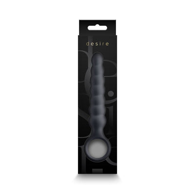 Desire Lucent flexible black silicone wand with textured shaft and finger ring in sleek black packaging.