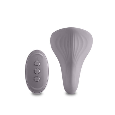 Ash gray Desire Mantra panty vibrator with textured silicone surface and matching remote control with three buttons.
