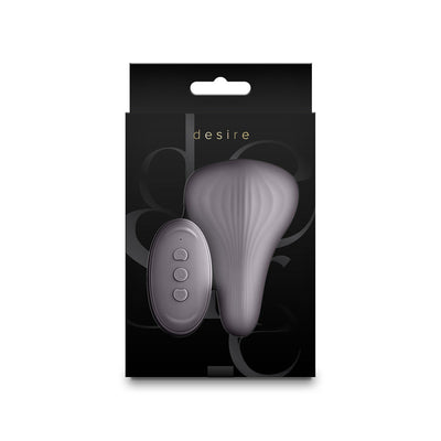Ash gray Desire Mantra panty vibrator with textured silicone surface and matching remote control on black packaging.