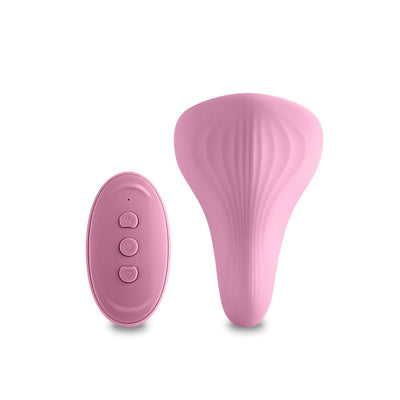 Pink silicone panty vibrator with textured surface and matching remote control with three buttons.