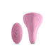Pink silicone panty vibrator with textured surface and matching remote control with three buttons.