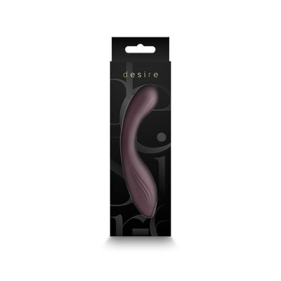 Desire Pure multi-speed curved vibrator in plum color with sleek packaging on white background.