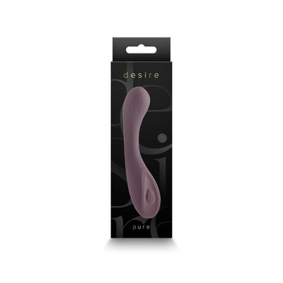 Desire Pure soft silicone multi-speed vibrator in muted mauve with ergonomic curved design in black packaging.