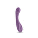 Purple soft silicone multi-speed curved vibrator with textured tip and power button.