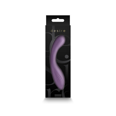 Purple curved Desire Pure multi-speed vibrator in black retail packaging with gold lettering.