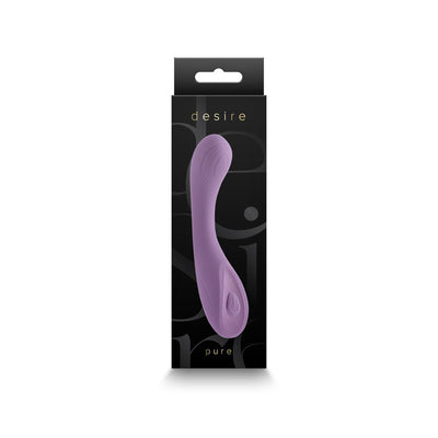 Purple silicone Desire Pure multi-speed vibrator with curved design shown on black packaging box.
