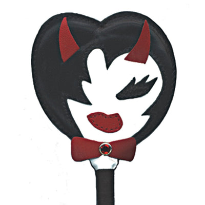 Close-up of Devil Girl Crop tip featuring a heart-shaped design with red devil horns, red lips, and a red bow tie accent.