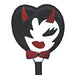 Close-up of Devil Girl Crop tip featuring a heart-shaped design with red devil horns, red lips, and a red bow tie accent.