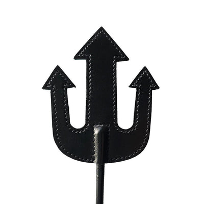 Black leather riding crop with a trident-shaped tip and stitched detailing.