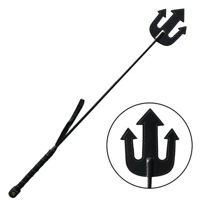 Black leather riding crop with a trident-shaped tip and wrapped handle with wrist strap.