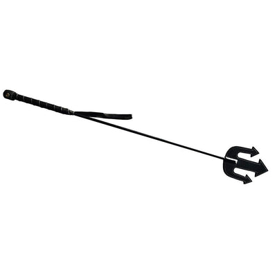 Black leather riding crop with a devil's trident tip and wrapped handle with wrist strap.