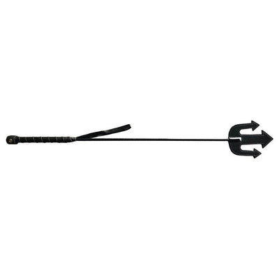 Black leather riding crop with a trident-shaped tip and wrapped handle with wrist strap.