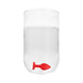 Large red silicone butt plug with diamond-shaped base submerged in clear water in a glass.