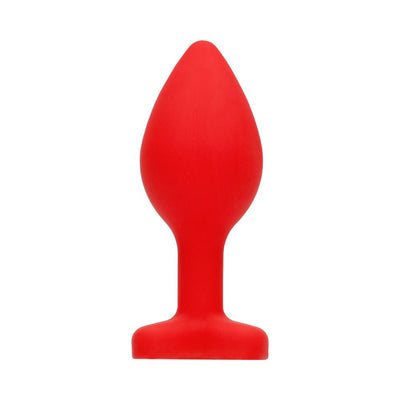 Large red silicone butt plug with tapered shape and flared base, designed for comfortable and safe use.