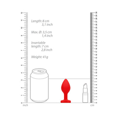 Red silicone diamond heart butt plug shown next to size comparison with a soda can and lipstick, with measurements and weight details.