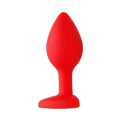 Large red silicone butt plug with tapered tip and flared base, designed for comfortable and safe use.