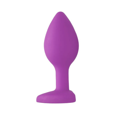 Purple silicone butt plug with tapered shape and flared base, designed for comfort and safe use.