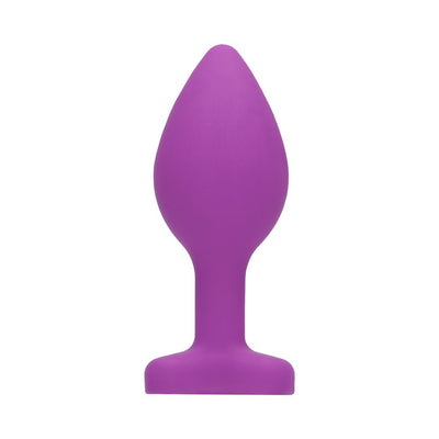 Purple silicone butt plug with a tapered shape and flared base, designed for comfort and safe use.