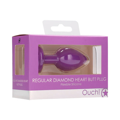 Purple silicone Diamond Heart Butt Plug in clear display box with purple and white packaging.