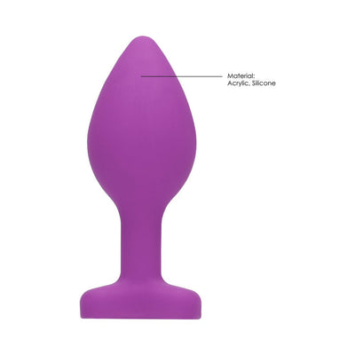 Purple silicone butt plug with tapered shape and flared base, made from acrylic and silicone materials.