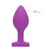 Purple silicone butt plug with tapered shape and flared base, made from acrylic and silicone materials.