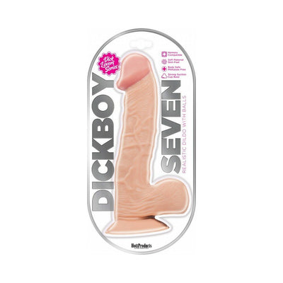 Realistic 7-inch dildo with suction cup base in clear packaging, skin-tone color, and detailed texture.