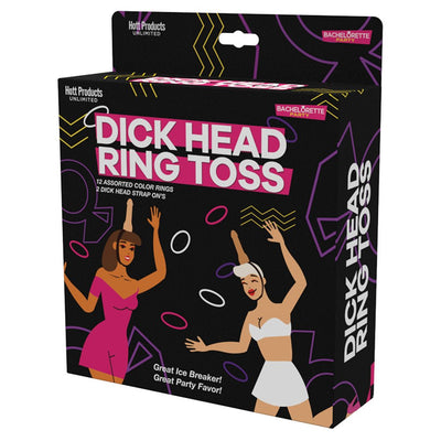 Packaging of the Dick Head Ring Toss Game featuring playful illustrations of two women and colorful rings for party fun.