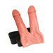 Two realistic strap-on attachments with black adjustable straps for a playful ring toss game.