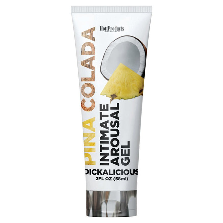 Tube of Dickalicious Pina Colada flavored intimate arousal gel with pineapple and coconut graphics on label.