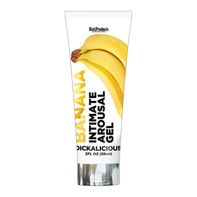 Tube of Dickalicious Banana Flavor Intimate Arousal Gel 2oz with banana graphic on white background.