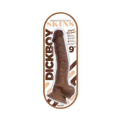 Caramel-colored 9-inch realistic dildo with balls in clear packaging, featuring soft, body-safe material and suction cup base.
