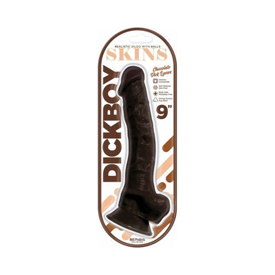 Chocolate-colored 9-inch realistic dildo with balls in clear blister packaging labeled Dickboy Skins.