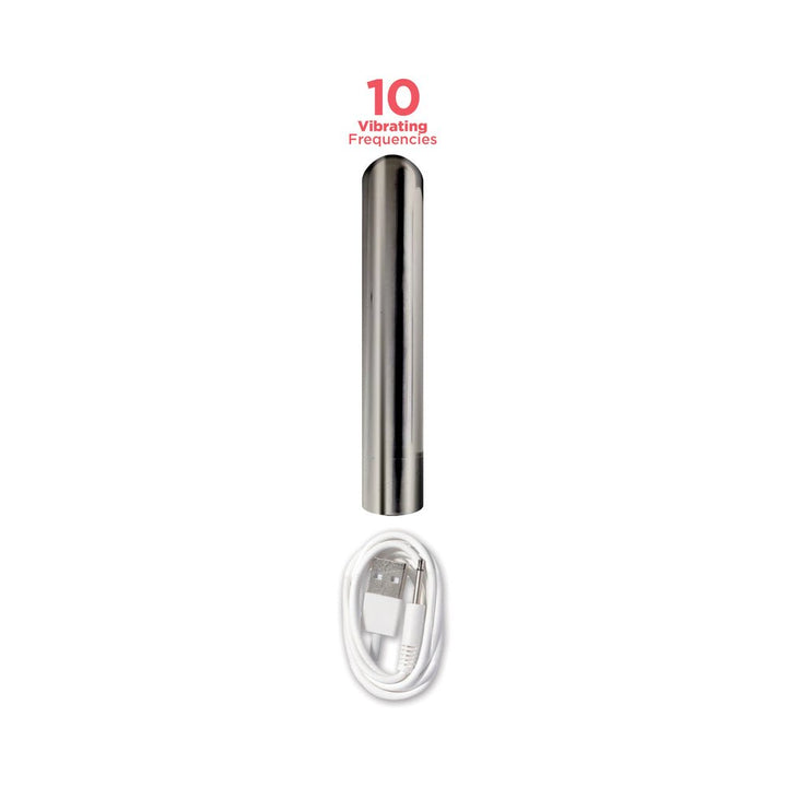 Sleek silver multi-speed rechargeable bullet vibrator with USB charging cable and 10 vibration frequency options.