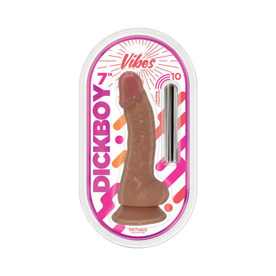 Caramel-colored 7-inch realistic dildo with suction base and rechargeable multi-speed bullet vibrator in clear retail packaging.