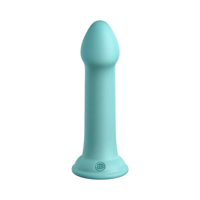 Light blue silicone dildo with smooth surface and strong suction cup base, 6 inches long.