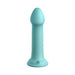 Light blue silicone dildo with smooth surface and strong suction cup base, 6 inches long.