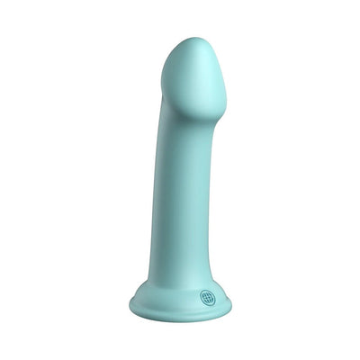 Light blue silicone dildo with a smooth, curved design and a strong suction cup base.