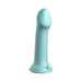 Light blue silicone dildo with a smooth, curved design and a strong suction cup base.