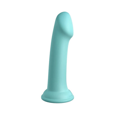 Light blue silicone dildo with a curved tip and strong suction cup base, 6 inches insertable length.