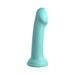 Light blue silicone dildo with a curved tip and strong suction cup base, 6 inches insertable length.