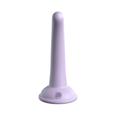 Lavender-colored Dillio Platinum Curious Five silicone dildo with smooth surface and suction cup base on white background.