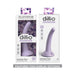 Dillio Platinum Curious Five 5-inch lavender silicone dildo shown in packaging and standalone with suction base.