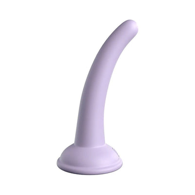 Curved lavender silicone dildo with smooth surface and suction cup base standing upright on white background.