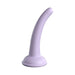 Curved lavender silicone dildo with smooth surface and suction cup base standing upright on white background.