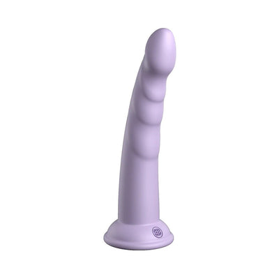 Slim lavender silicone dildo with textured shaft and suction cup base standing upright on white background.