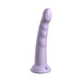 Slim lavender silicone dildo with textured shaft and suction cup base standing upright on white background.