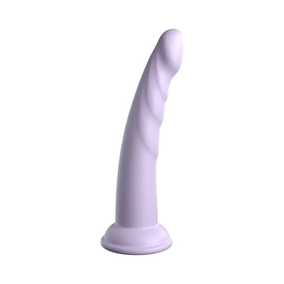 Slim lavender silicone dildo with curved tip and suction cup base, 7 inches long from Dillio Platinum Collection.