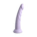 Slim lavender silicone dildo with curved tip and suction cup base, 7 inches long from Dillio Platinum Collection.