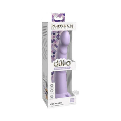 Dillio Platinum Slim Seven 7-inch lavender silicone dildo in clear retail packaging with suction cup base.