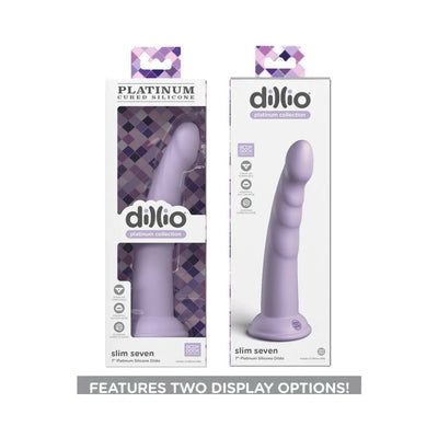 Dillio Platinum Slim Seven 7-inch lavender silicone dildo shown in and out of packaging with suction cup base.